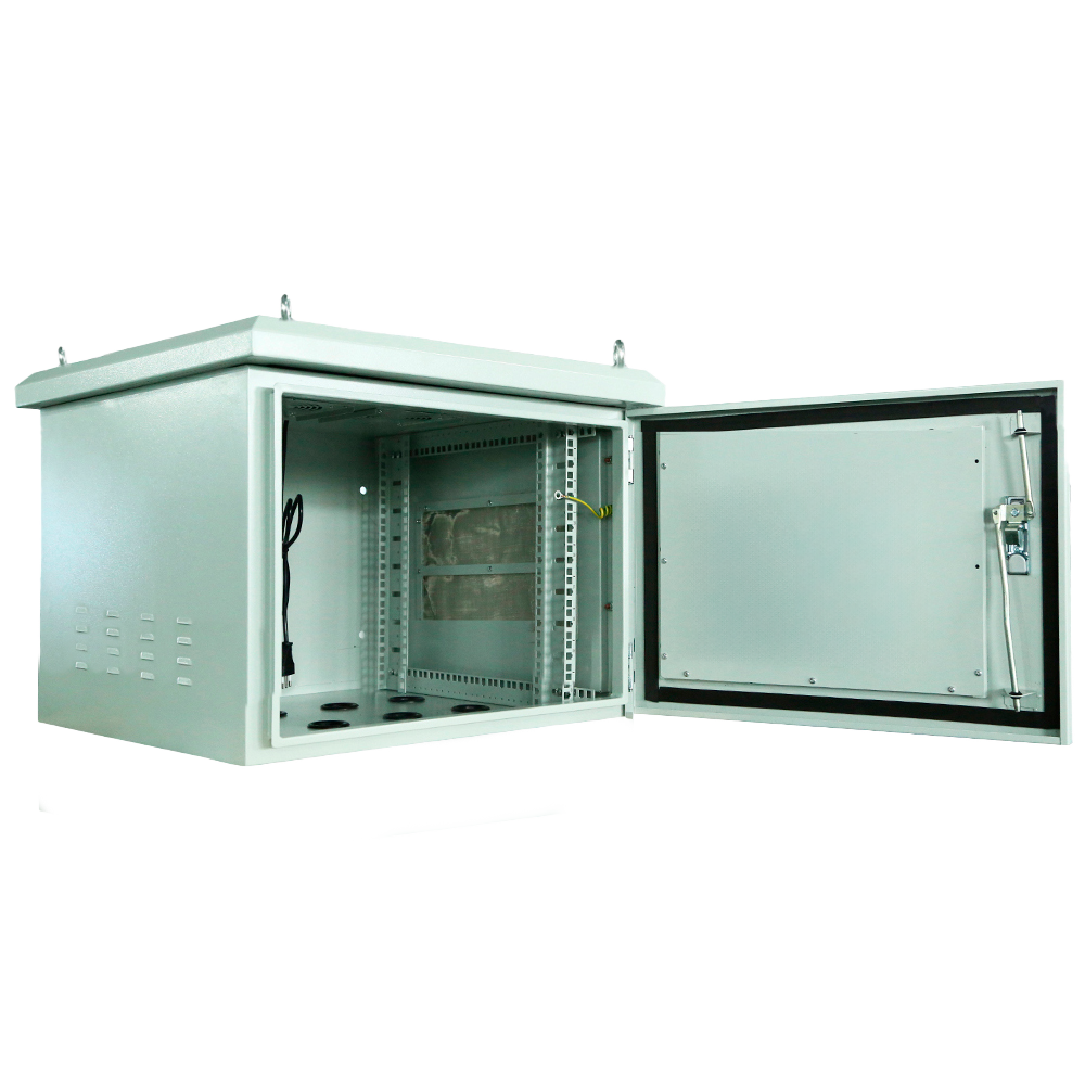 Rackskab til væg - Op til 6U rack på 19" - Op til 100 kg belastning - Med ventilationsgitre og kabelforskruninger - Kapslingsgrad IP65 - 8 indgange til ledningsføring / 2 blæsere
