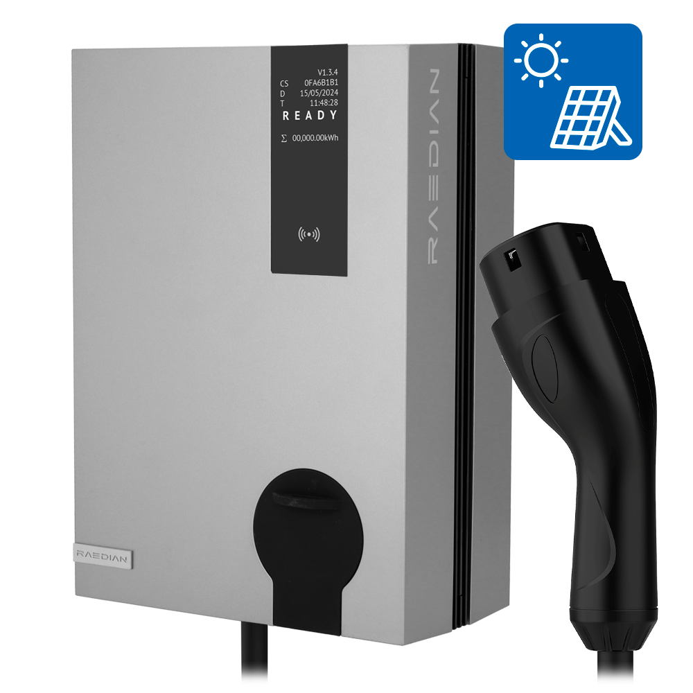 RAEDIAN elbil oplader - Effekt 22kW / 32A / Trefase - Stik type 2 - Beskyttelse IP55, IK10 - Overvågning fra app - 7,5m Kabel | Indbygget solcelle-kit