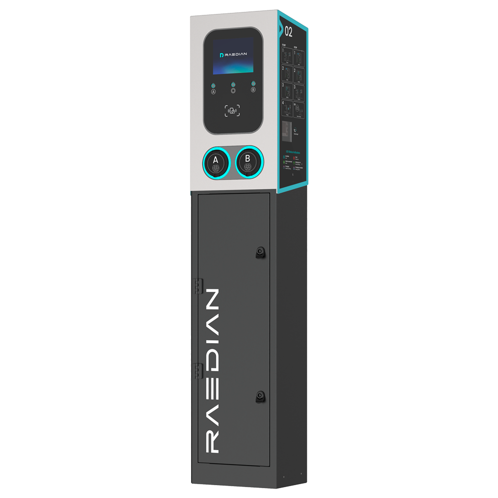 Dobbelt stik oplader med sokkel inkluderet - Effekt 2x22kW / 32A / Trefase - Stik type 2 - Sokkel med indbygget beskyttelse - Kommunikation 4G, LAN, WiFi, BLE - MID Meter | RFID Reader