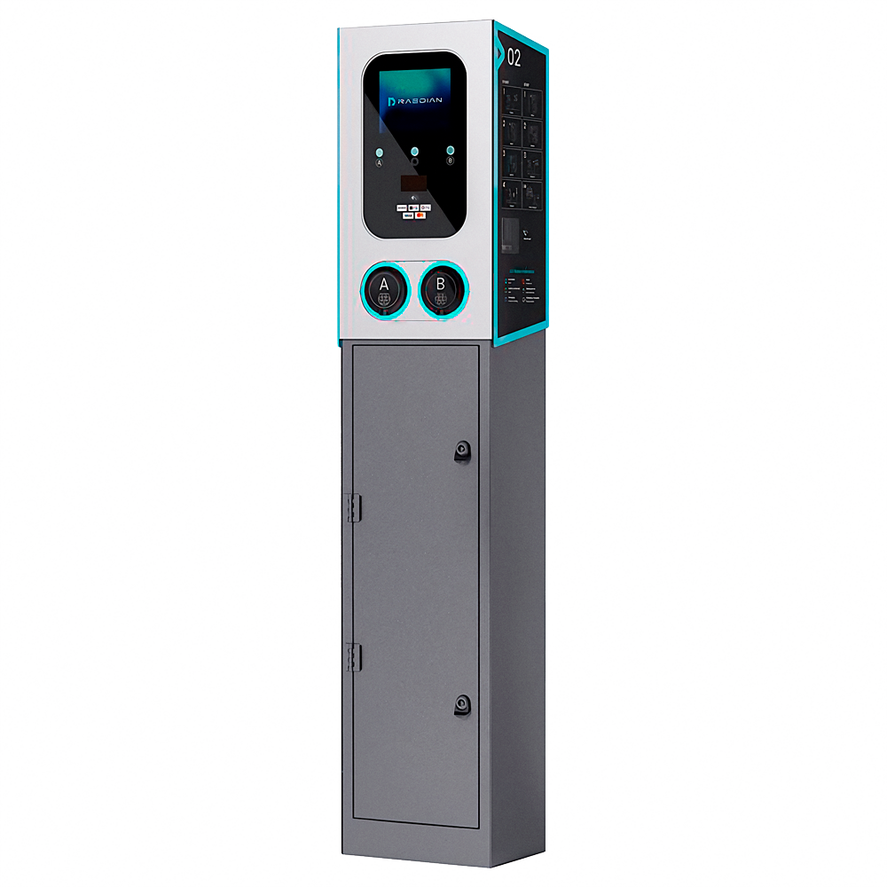 Dobbelt stik oplader med sokkel inkluderet - Effekt 2x22kW / 32A / Trefase - Stik type 2 - Sokkel med indbygget beskyttelse - Kommunikation 4G, LAN, WiFi, BLE - MID Meter : Payter Nayax