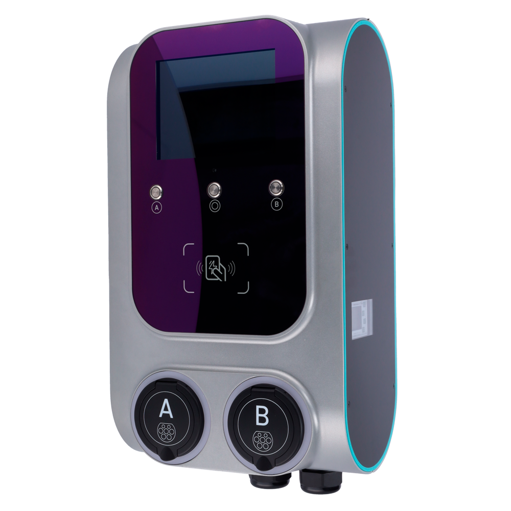 Dobbelt stik oplader til elbiler - Effekt 2x22kW / 32A / Trefase - Stik type 2 - Beskyttelse IP55 - Kommunikation 4G, LAN, WiFi, BLE - MID Meter | RFID Reader