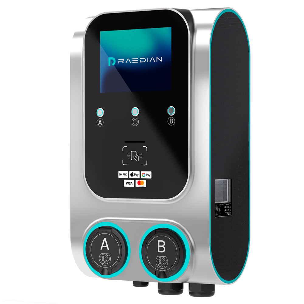 Dobbelt stik oplader til elbiler - Effekt 2x22kW / 32A / Trefase - Stik type 2 - Beskyttelse IP55 - Kommunikation 4G, LAN, WiFi, BLE - MID Meter : Payter Nayax