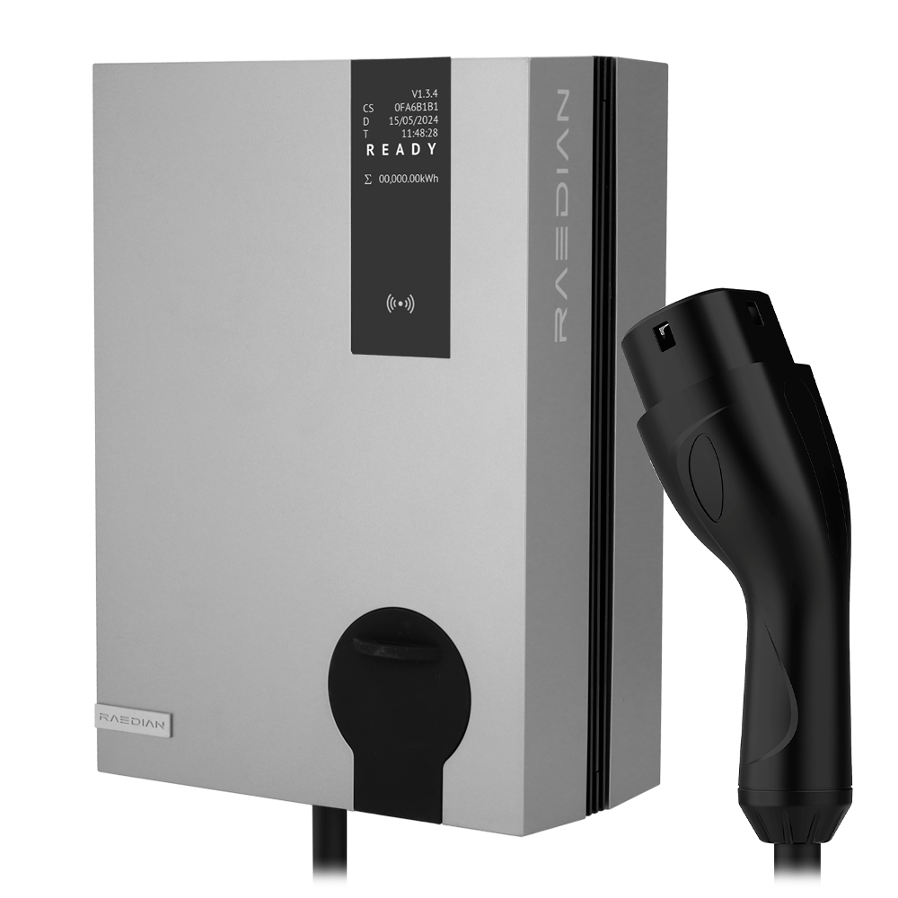 Oplader til elbiler - Effekt 22kW / 32A / Trefase - Connector type 2 - Beskyttelse IP55, IK10 - Overvågning fra APP - Metallisk sølv farve 5m kabel