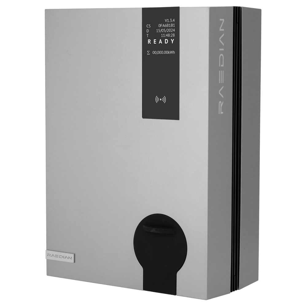 Lader til elektriske køretøjer - Effekt 7,4 kW / 32A / Enfaset - Connector type 2 - Beskyttelse IP55, IK10 - Overvågning fra APP - Metallisk sølvfarve