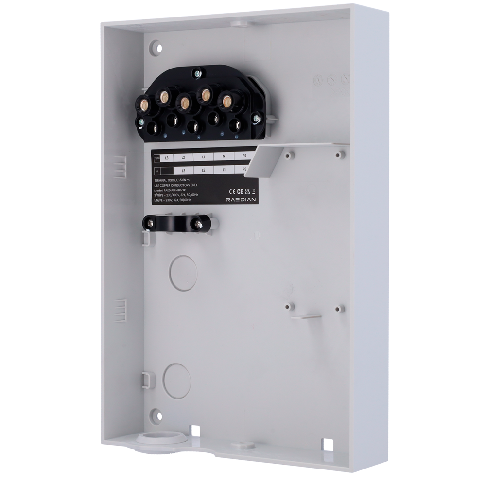 Kabinet til NEO ladere - Bagside af lader - Lunar white farve - 3 strøm- og kommunikationstilslutninger - Hurtig og nem installation