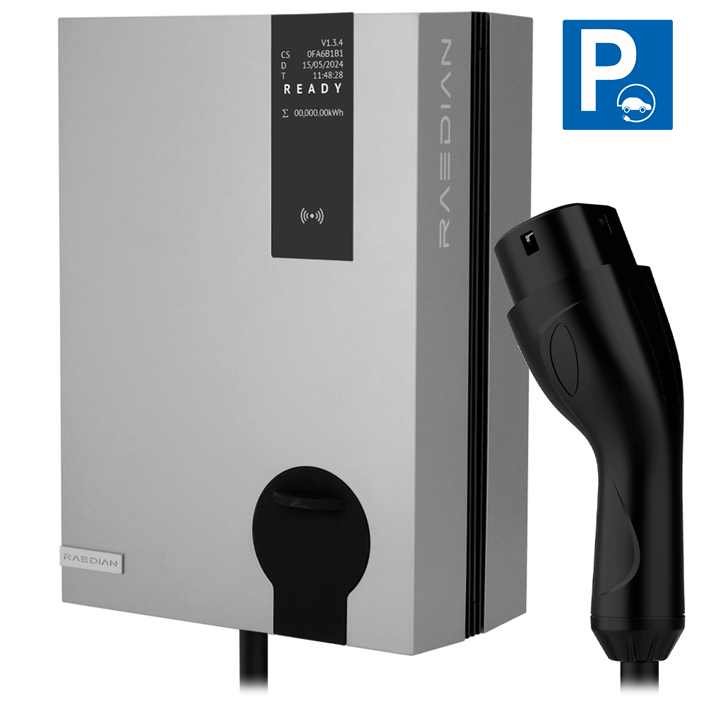 Lader til elbiler - Effekt 22kW / 32A / Trefaset - Connector type 2 | Kabel 5m - Beskyttelse IP55 - Overvågning fra APP og portal - Skalerbar : Sølvfarve