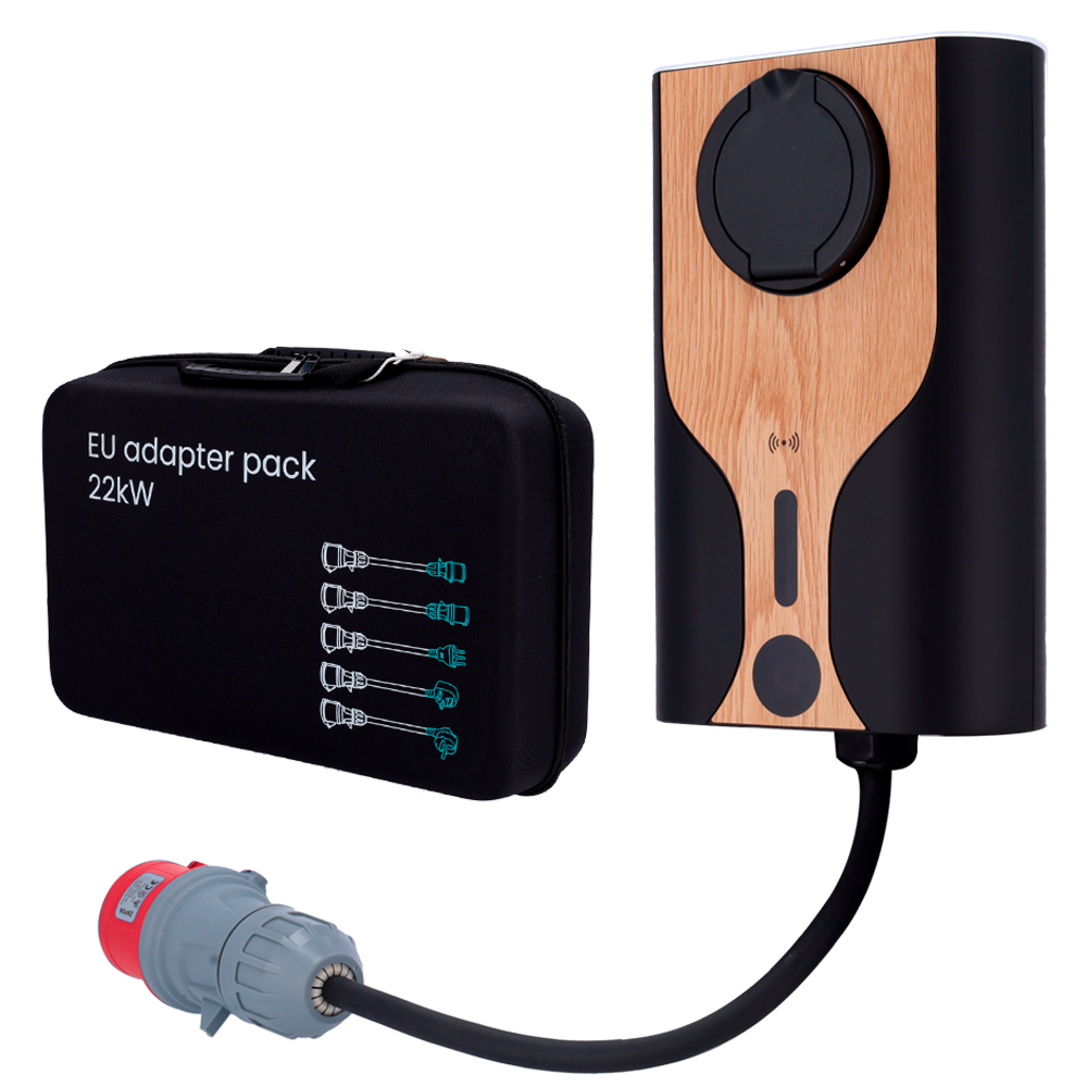 Kit portabel lader + stikadaptere - Effekt 22kW / 32A / Trefaset - Connector type 2 - Adaptere til kabler - Overvågning fra APP - Træfarve
