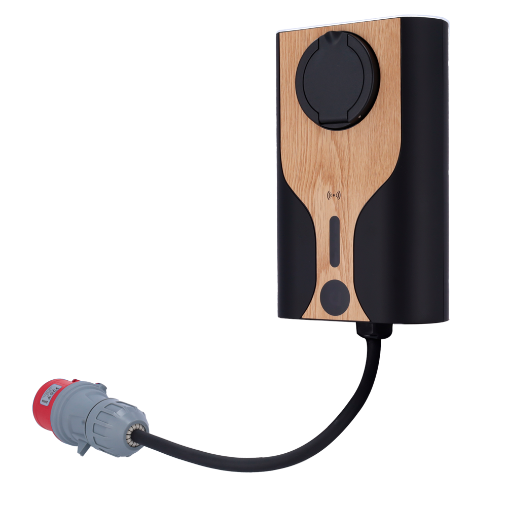 Portabel lader til elbiler - Effekt 22kW / 32A / Trefaset - Connector type 2 - Beskyttelse IP55, IK10 - Overvågning fra APP - Træfarve