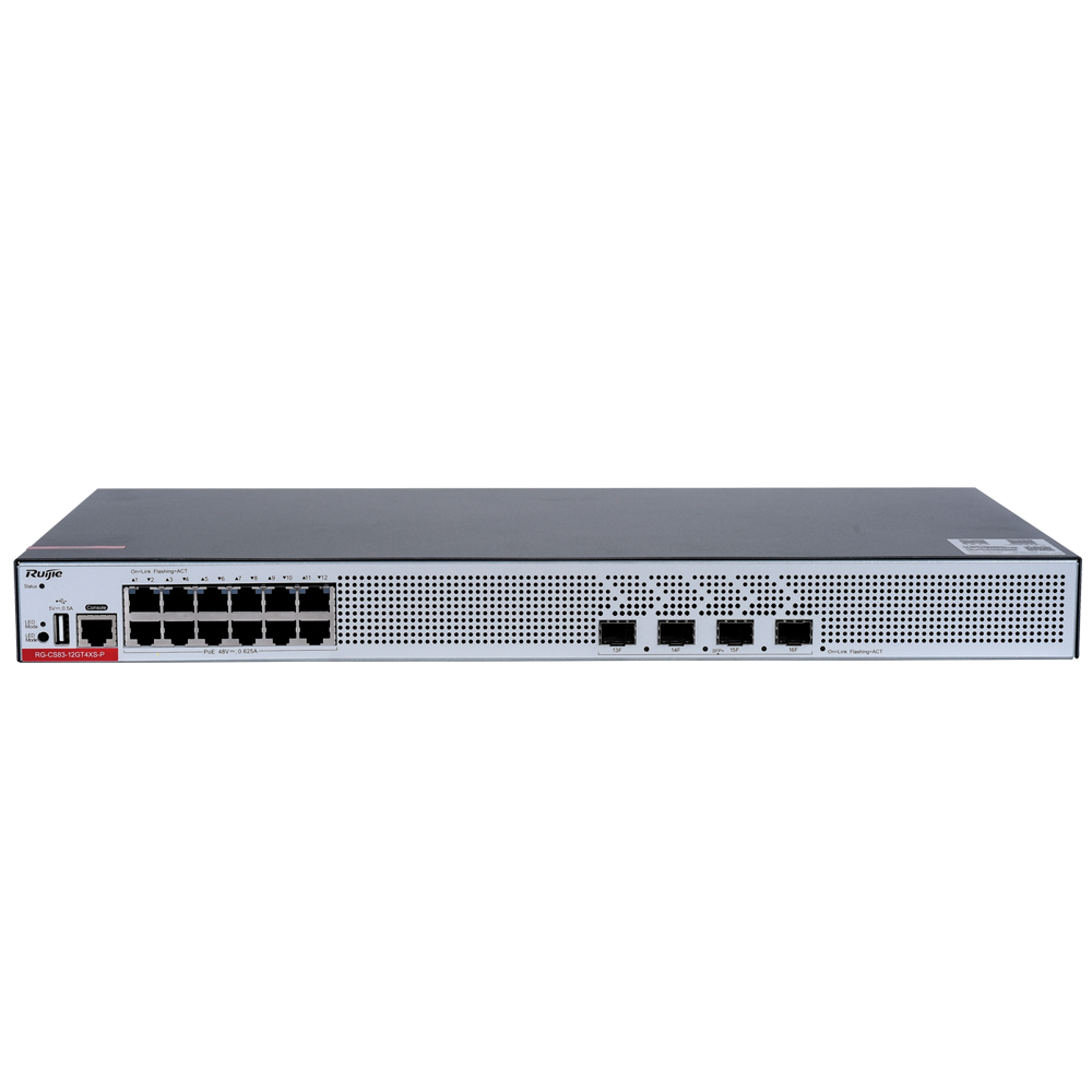 Ruijie Switch Cloud Manageable L3 - 12 PoE RJ45 + 4 SFP+ porte - 12 Porte 100/1000M + 4 Porte 1/10G - VLAN/Port Isolation/STP/RSTP/ACL/QoS/RIP - LACP/DHCP Snoop/IGMP Snoop/RIP/OSPFv2/OSPFv3 - Rack og bordmontering