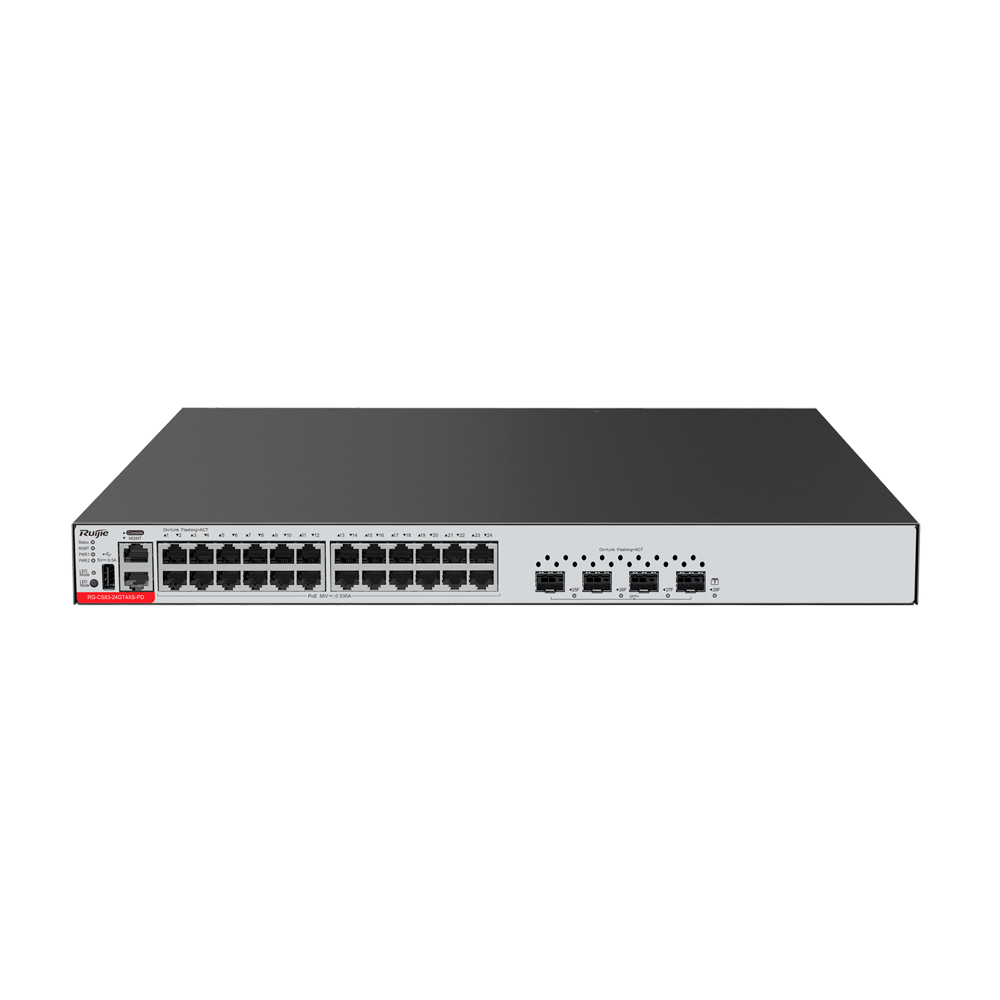 Ruijie Switch Cloud Manageable L3 - 24 PoE RJ45 + 4 SFP+ porte - 24 Porte 100/1000M + 4 Porte 1/10G - VLAN/Port Isolation/STP/RSTP/ACL/QoS/RIP - LACP/DHCP Snoop/IGMP Snoop/RIP/OSPFv2/OSPFv3 - Rack og bordmontering