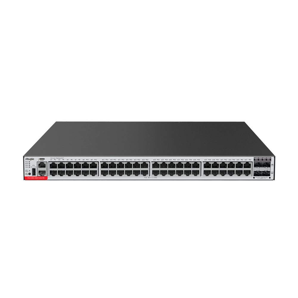 Ruijie Switch Cloud Manageable L3 - 48 porte RJ45 + 4 SFP+ porte - 48 Porte 100/1000M + 4 Porte 1/10G - VLAN/Port Isolation/STP/RSTP/ACL/QoS/RIP - LACP/DHCP Snoop/IGMP Snoop/RIP/OSPFv2/OSPFv3 - Rack, bordplade, vægmontering