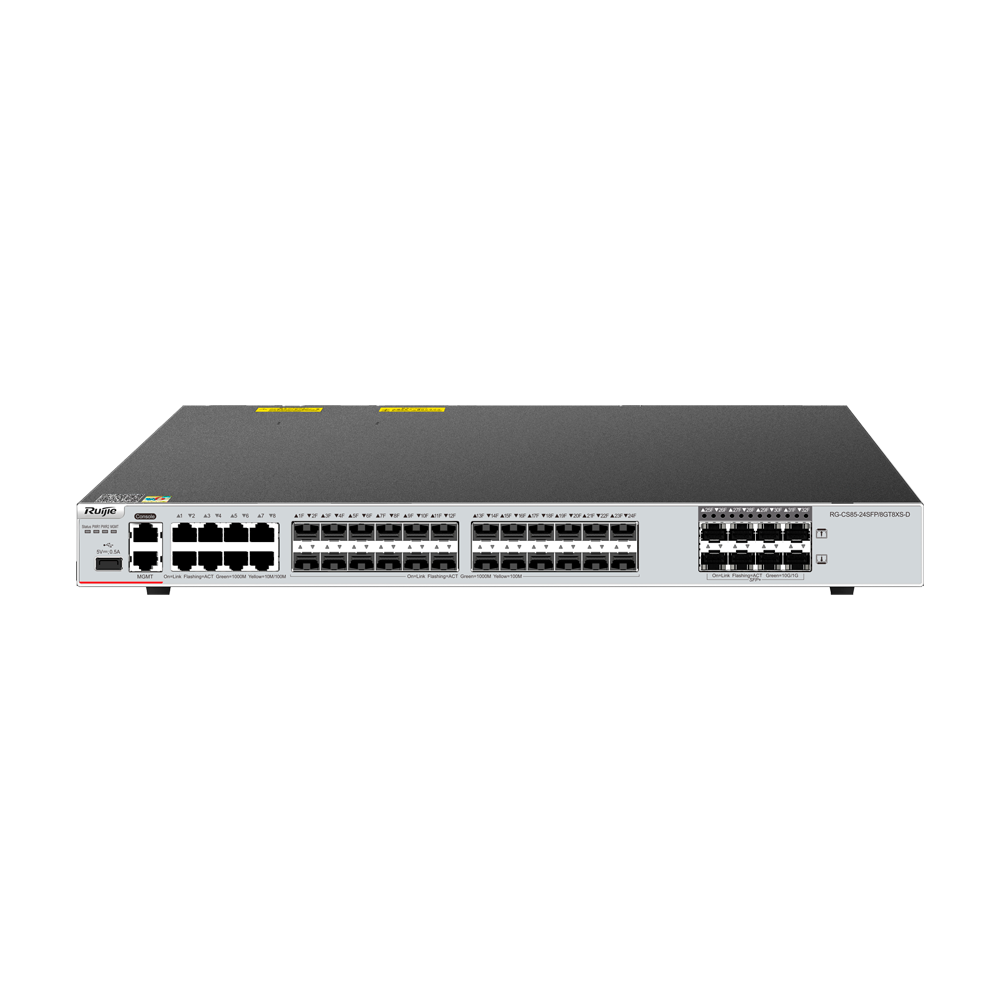 Ruijie Switch Cloud Manageable L3 - 24 SFP porte + 8 RJ45 Combo + 8 SFP+ porte - 24 Gigabit Porte + 8 Gigabit + 8 10G Porte - VLAN/Port Isolation/STP/RSTP/ACL/QoS/RIP/BGP - LACP/DHCP Snoop/IGMP Snoop/RIP/OSPFv2-v3/BGP4 - Racking