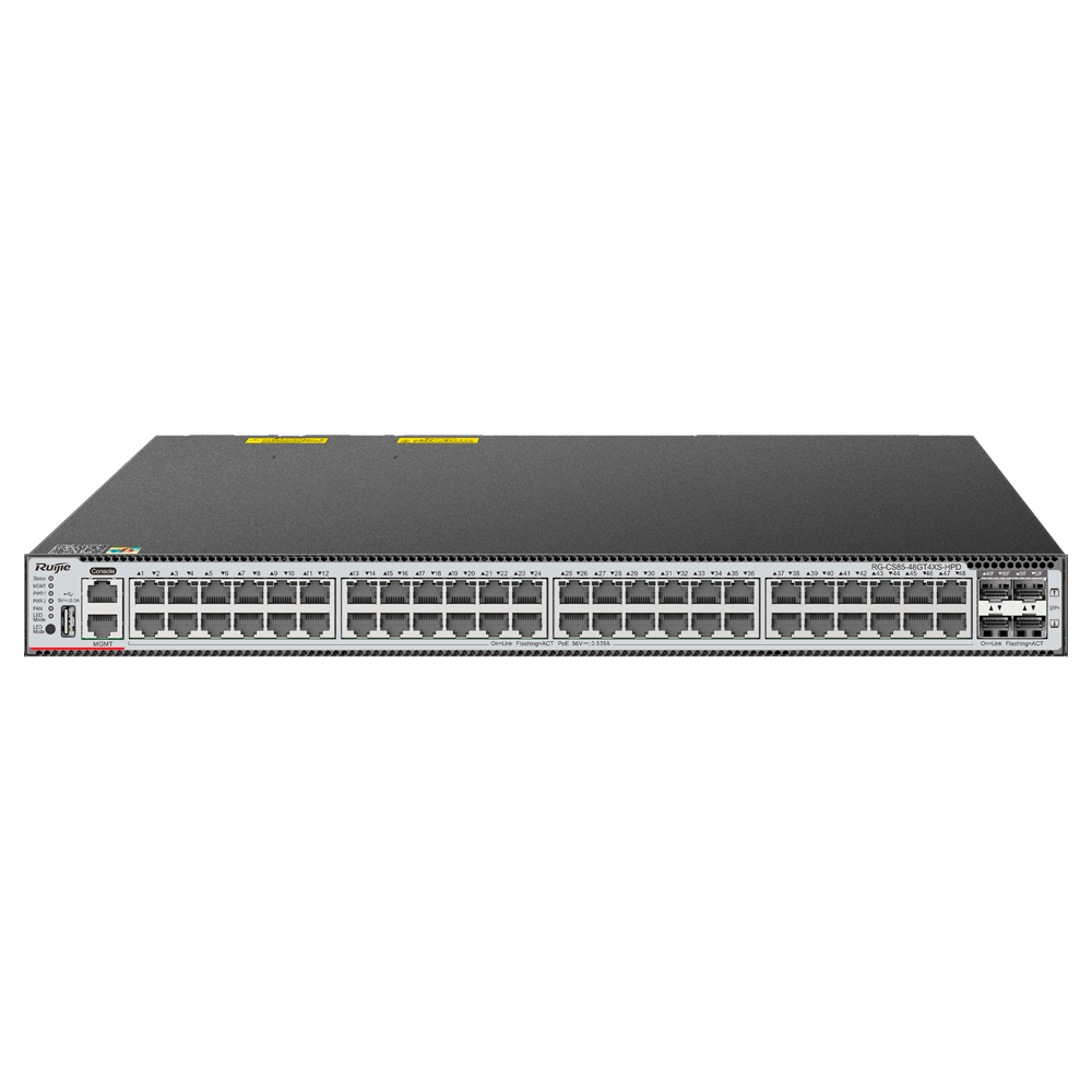 Ruijie Switch Cloud Manageable L3 - 48 PoE RJ45 + 4 SFP+ porte - 48 Gigabit porte + 4 porte 1/10G - VLAN/Port Isolation/STP/RSTP/ACL/QoS/RIP/BGP - LACP/DHCP Snoop/IGMP Snoop/RIP/OSPFv2-v3/BGP4 - Rackmontering