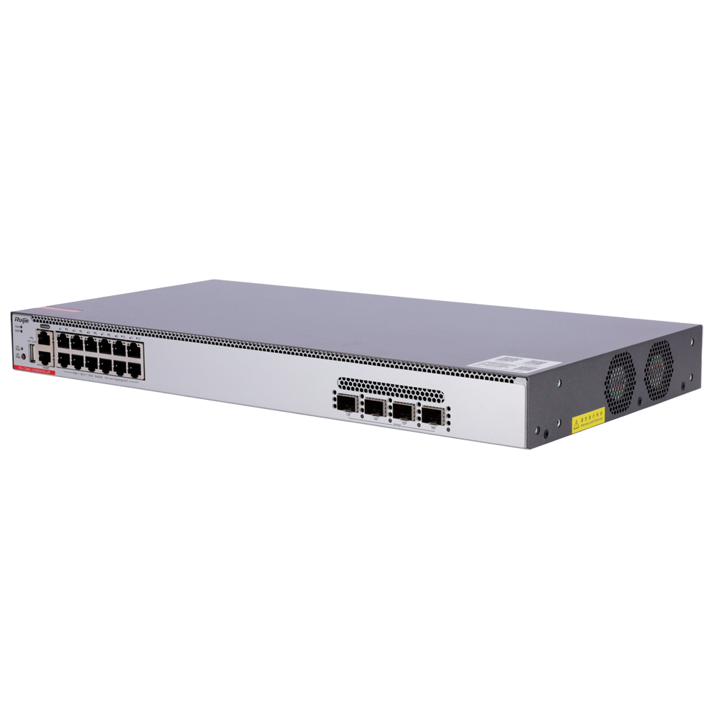 Ruijie Switch Cloud Manageable L3 - 12 Multigigabit 10G + 4 SFP28 - 12 x 100/1000/2.5G/5G /10G + 4 x 10/25Gb - VLAN/Port Isolation/STP/RSTP/ACL/QoS/RIP/BGP4 - LACP/DHCP Snoop/IGMP Snoop/RIP/OSPFv2/OSPFv3 - Rackmontering