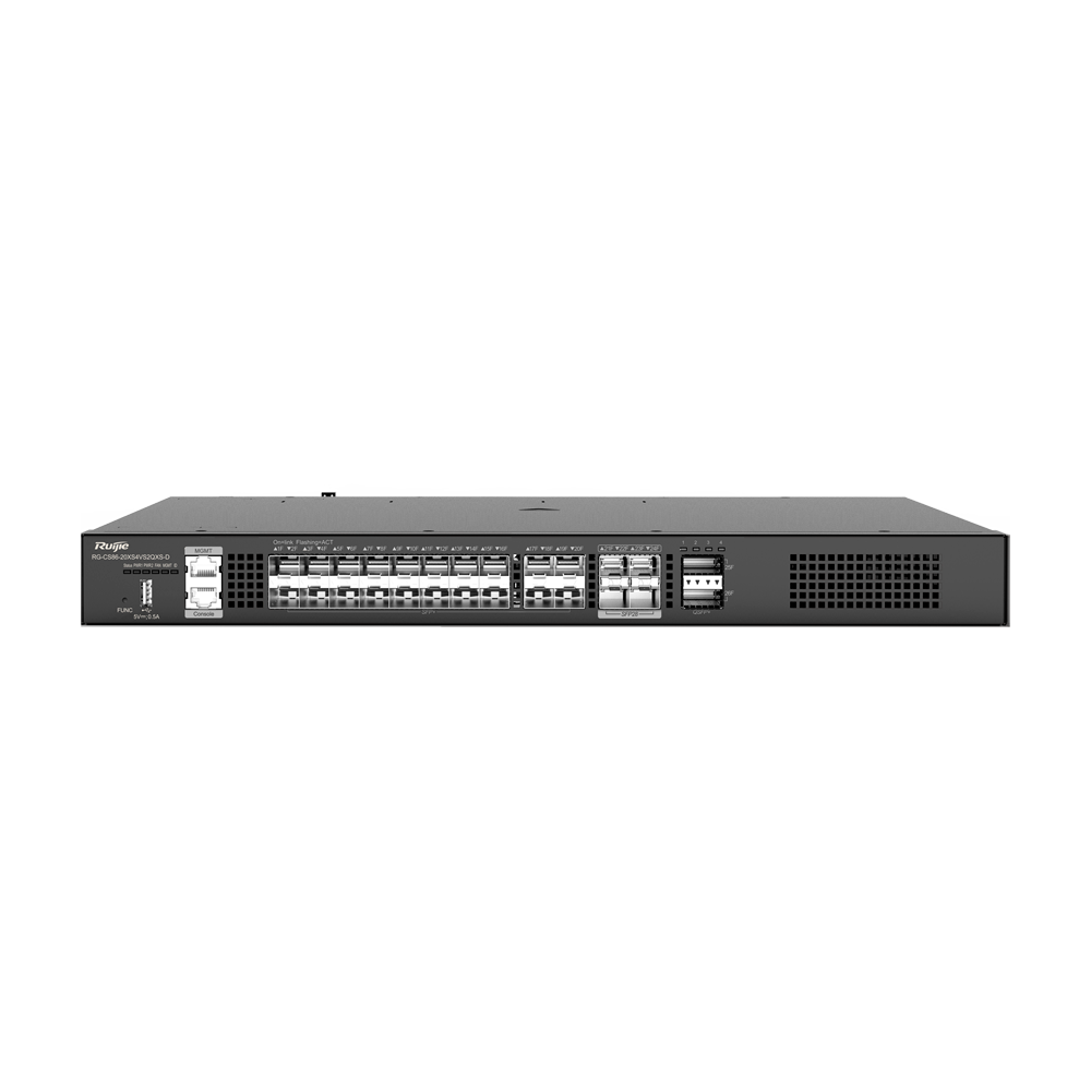 Ruijie Switch Cloud Manageable L3 - 20 SFP+ + 4 SFP28 + 2 QSFP+ - 20 x 1/2.5/10Gb + 4 x 10/25Gb + 2 x 40Gb - VLAN/Port Isolation/STP/RSTP/ACL/QoS/RIP/BGP4 - LACP/DHCP Snoop/IGMP Snoop/RIP/OSPFv2/OSPFv3 - Rackmontering