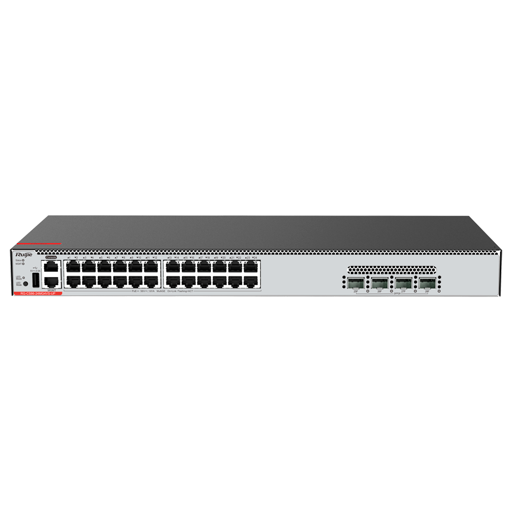 Ruijie Switch Cloud Manageable L3 - 24 Multigigabit 5G + 4 SFP28 - 24 x 100/1000/2.5G/5G + 4 x 10/25Gb - VLAN/Port Isolation/STP/RSTP/ACL/QoS/RIP/BGP4 - LACP/DHCP Snoop/IGMP Snoop/RIP/OSPFv2/OSPFv3 - Rackmontering