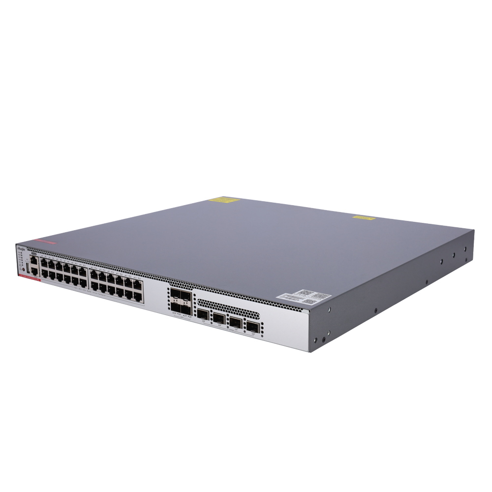Ruijie Switch Cloud Manageable L3 - 24 Multigigabit 10G + 4 SFP28 + 4 SFP+ - 24 x Multi-Gigabit 10G + 8 x 1/10/25Gb - VLAN/Port Isolation/STP/RSTP/ACL/QoS/RIP/BGP4 - LACP/DHCP Snoop/IGMP Snoop/RIP/OSPFv2/OSPFv3 - Rackmontering