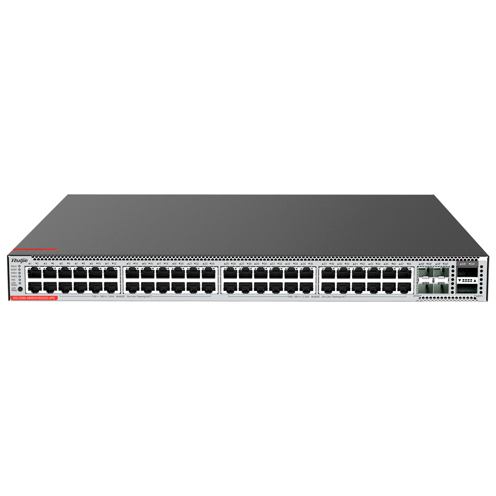 Ruijie Switch Cloud Manageable L3 - 48 Multigigabit 5G + 4 SFP28 + 2 QSFP+ - 48 x MGbE 5G + 4 x 10/25GE SFP28 + 2x 40GE QSFP+ - VLAN/Port Isolation/STP/RSTP/ACL/QoS/RIP/BGP4 - LACP/DHCP Snoop/IGMP Snoop/RIP/OSPFv2/OSPFv3 - Rackmontering