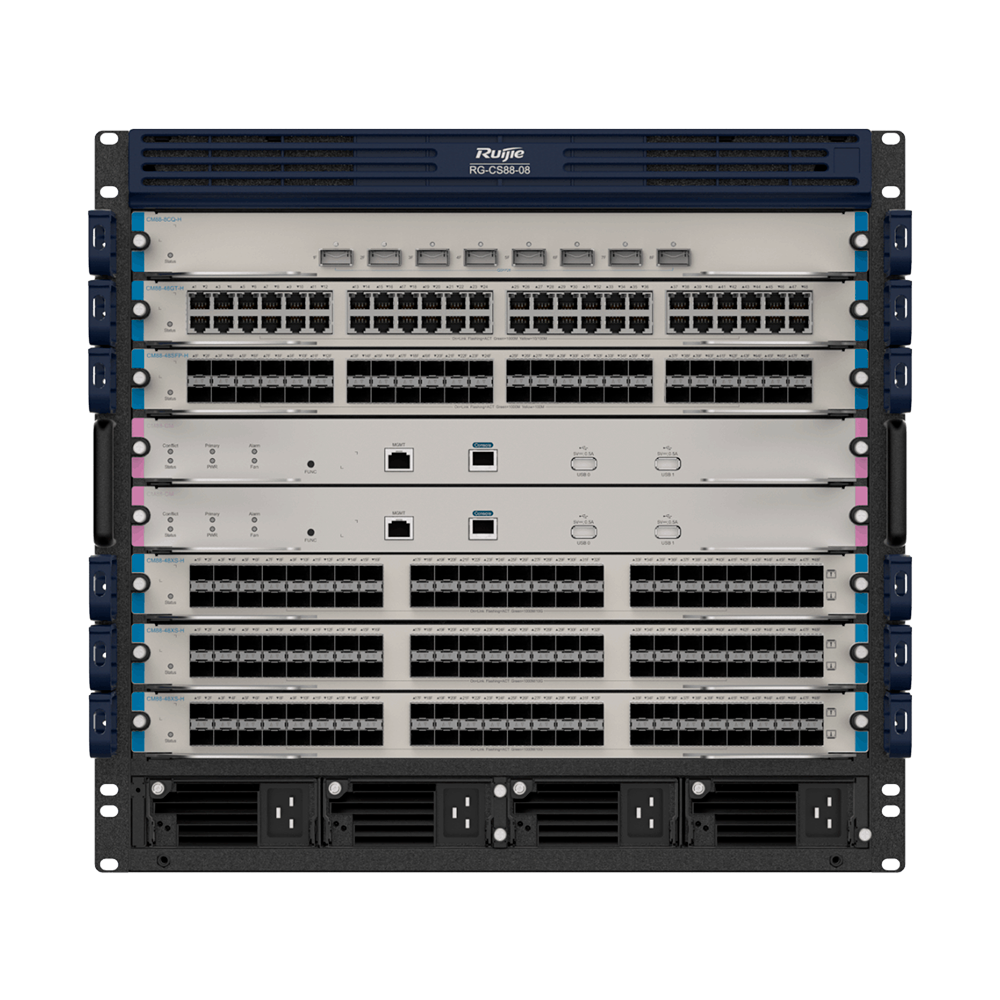 Ruijie Modulær Switch Chassis L3 - 6 udvidelsesslots (total størrelse 10U) - Op til 288 GE / 288 SFP / 288 SFP+ / 48 QSFP28 - Static LAG/DHCP Snoop/IGMP Snoop/Port Mirror - VLAN/Port Isolation/STP/RSTP/ACL/QoS/802.1X - DHCP server/Static routes/RIP/OSPF/SNMP