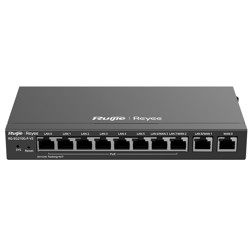 Reyee Router PoE Cloud Controller - 8 PoE+ Porte RJ45 GE + 2 Porte RJ45 GE - 10 RJ45 10/100/1000 Mbps Porte - Understøtter op til 4 WAN til failover eller load balancing - Op til 600 Mbps båndbredde - VPN server IPSec, L2TP, PPTP, OpenVPN