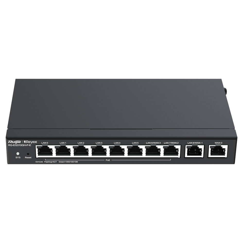 Reyee Router PoE Cloud Controller - 9 GE LAN Porte + 1 GE WAN Port - 8 PoE+ Porte 802.3af/at / Op til 110W i alt - Understøtter op til 4 WAN til failover eller balancering - Op til 1500 Mbps båndbredde - VPN server IPSec, L2TP, PPTP, OpenVPN