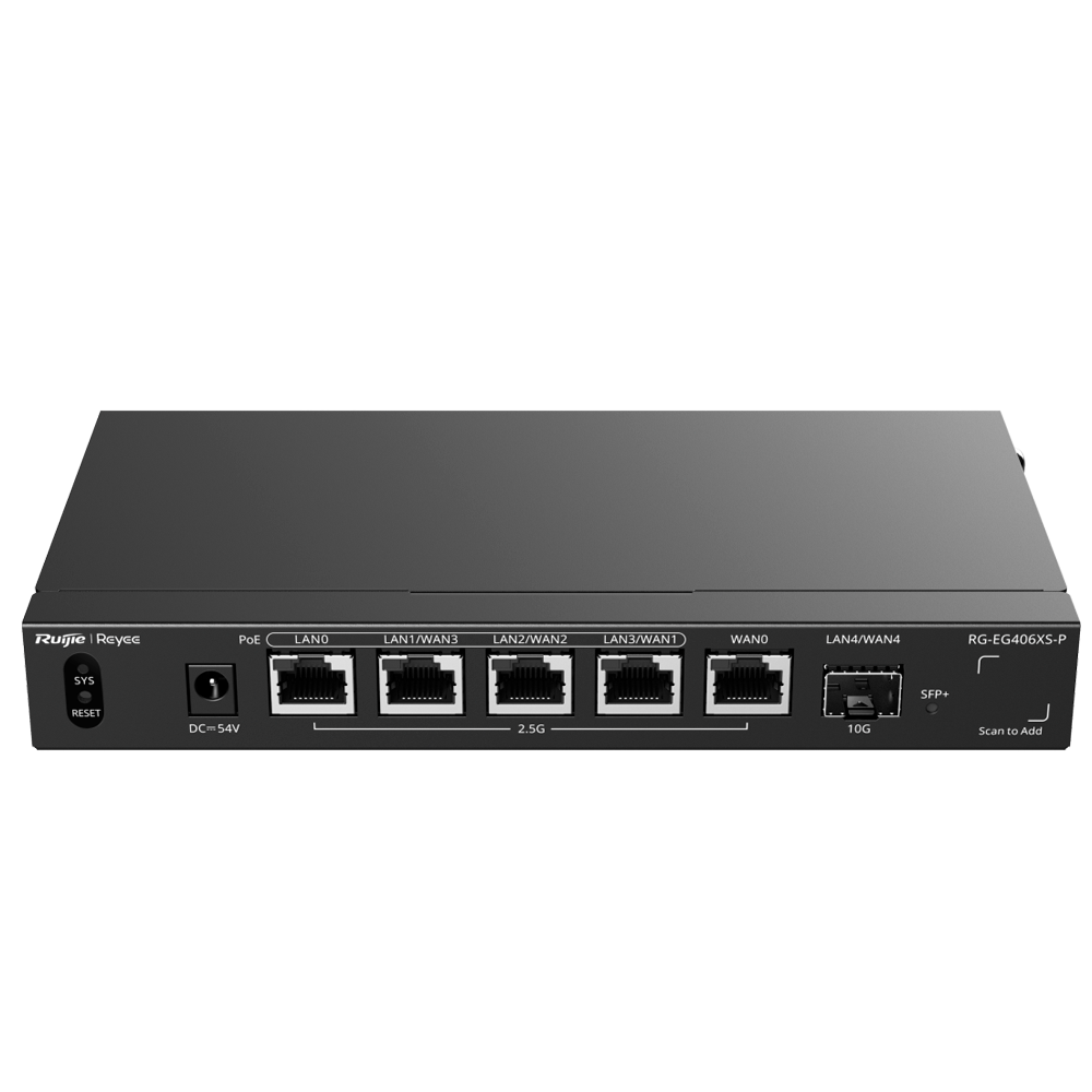 Reyee Router Cloud - 5 RJ45 2.5G (4 PoE+ porte) + 1 SFP+ 10Gigabit - Grundlæggende Firewall Funktioner - Understøtter op til 5 WAN til failover eller balancering - Op til 2500 Mbps båndbredde - Op til 400 anbefalede brugere