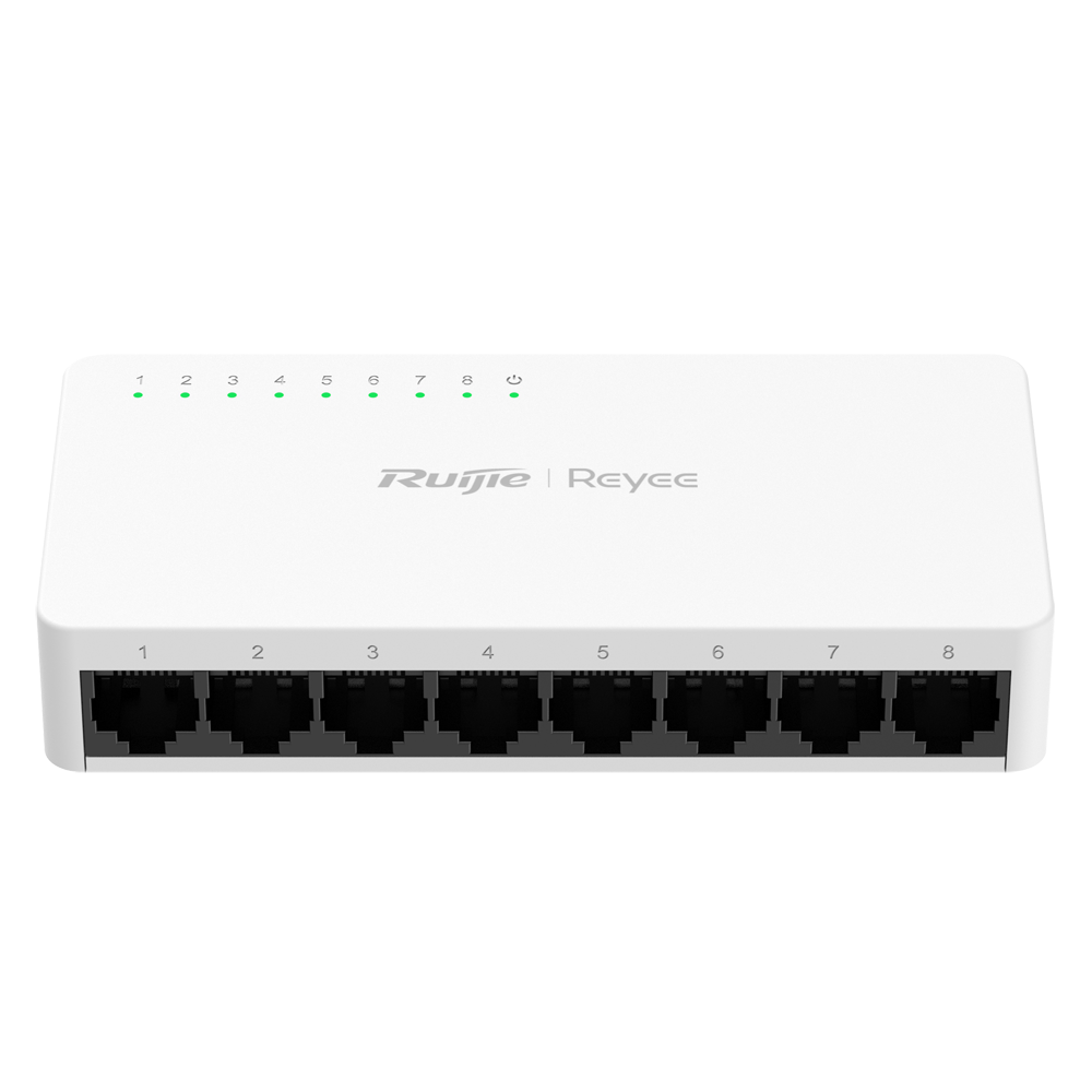 Reyee Switch Desktop - Plasthus - 8 porte RJ45 - Hastighed 10/100/1000Mbps - Plug and Play - Strømbesparende teknologi
