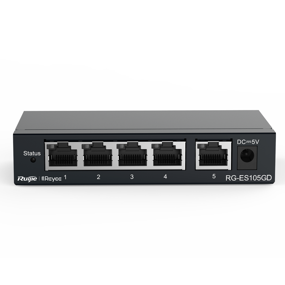 Reyee Switch Desktop - Metalhus - 5 porte RJ45 - Hastighed 10/100/1000Mbps - Plug and Play - Strømbesparende teknologi