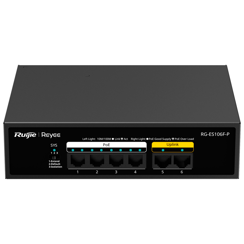 Reyee PoE Desktop Switch - Metalhus - 6 porte RJ45 10/100 - 4 PoE+ Porte 802.3af/at + 2 Uplink Porte - Plug and Play - Strømbesparende teknologi