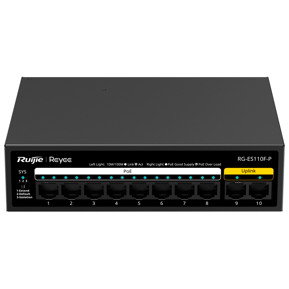 Reyee PoE Desktop Switch - Metalhus - 8 RJ45 porte 10/100 Mbps PoE+ 802.3af/at - 2 Uplink Porte RJ45 10/100 Mbps - Plug and Play - Energibesparende teknologi
