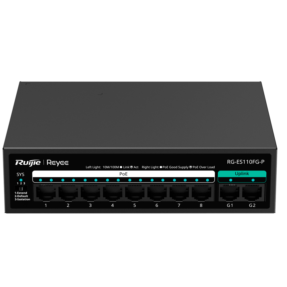Reyee PoE Desktop Switch - Metalhus - 8 porte RJ45 10/100 - 8 PoE+ 802.3af/at + 2 Uplink 1G Porte - Plug and Play - Energibesparende teknologi