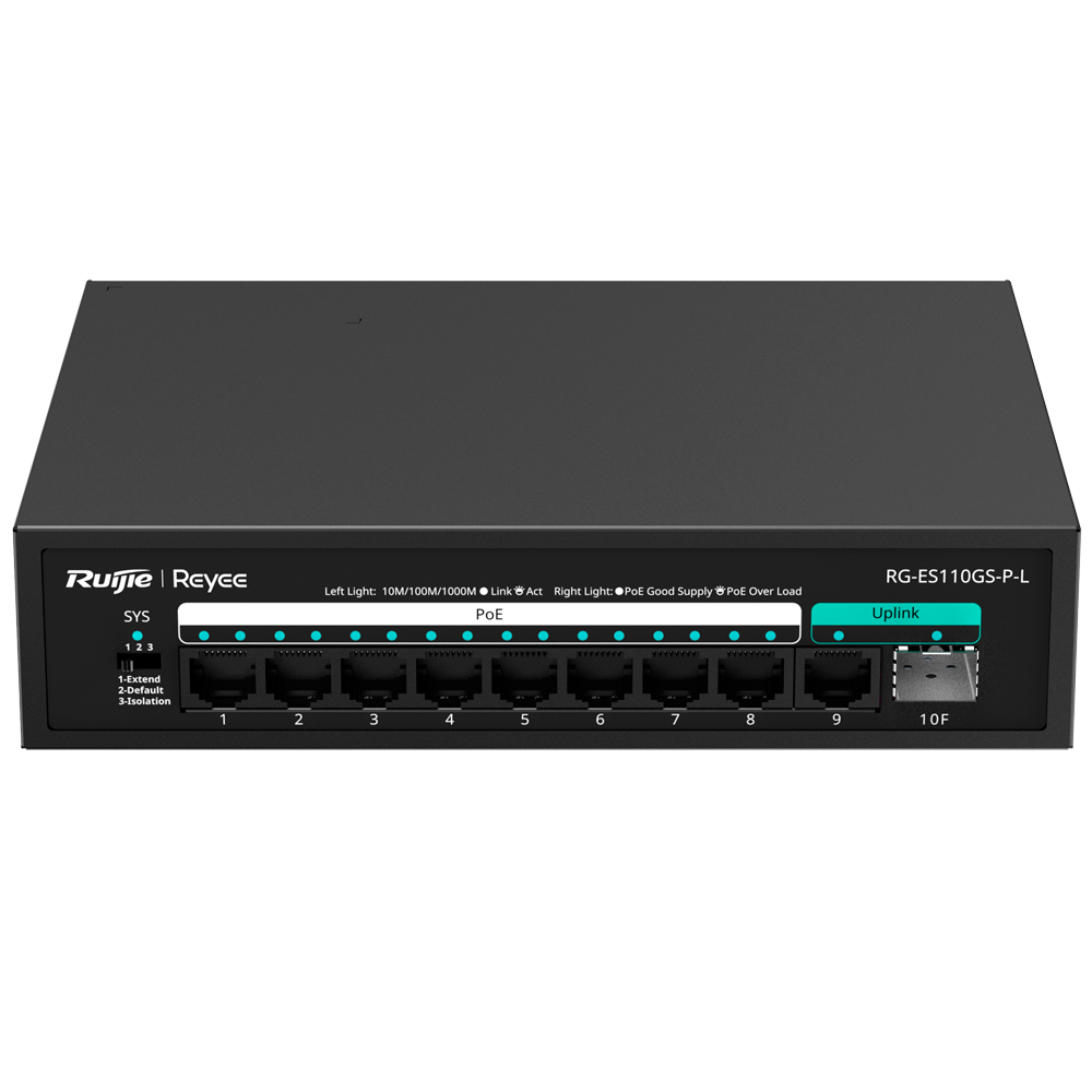 Reyee PoE Desktop Switch - 8 RJ45 Porte + 1 RJ45 Uplink + 1 Uplink SFP - 8 Gigabit Porte + 2 Gigabit Porte - 8 PoE+ Porte 802.3af/at | Total Effekt 120W - Port Isolation / Flow Control / PoE Watchdog - Plug and Play