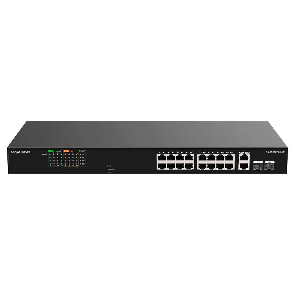 Reyee PoE Desktop Switch - Metalhus - Rack-monterbar - 16 RJ45 Porte 10/100 Mbps + 2 Gigabit Uplink - 16 PoE+ Porte 802.3af/at | Total Effekt 120W - Plug and Play - Strømbesparende teknologi