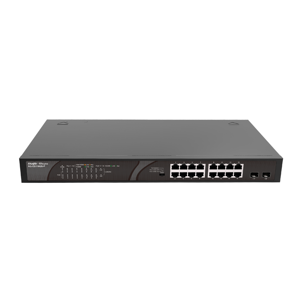 Reyee PoE Desktop Switch - 16 RJ45 Porte + 2 Uplink SFP - 16 Gigabit Porte + 2 Gigabit Porte - 16 PoE+ Porte 802.3af/at | Total Effekt 247W - Port Isolation / Flow Control - Plug and Play