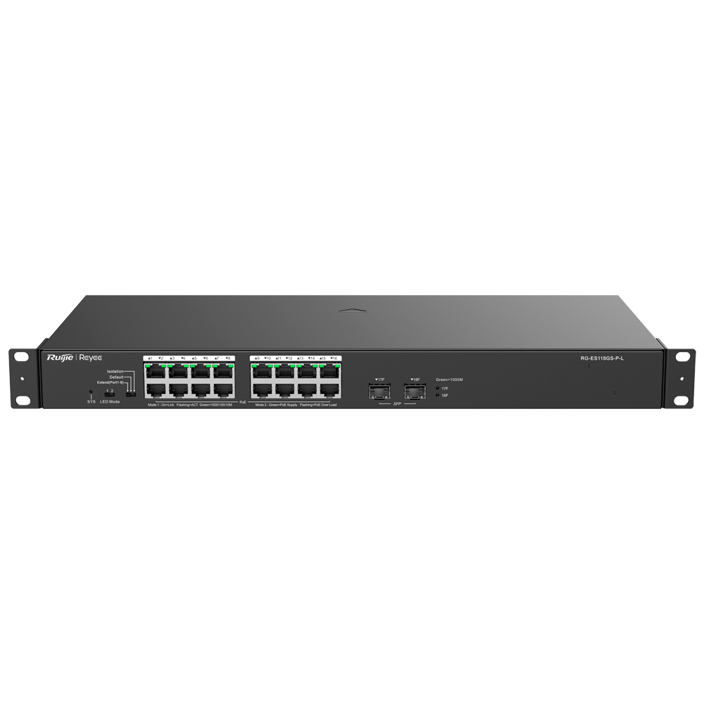 Reyee PoE Desktop Switch - 16 RJ45 Porte + 2 Uplink SFP - 16 Gigabit Porte + 2 Gigabit Porte - 16 PoE+ Porte 802.3af/at | Total Effekt 247W - Port Isolation / Flow Control - Plug and Play