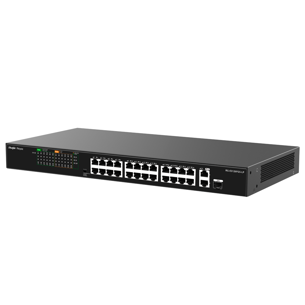 Reyee Switch PoE - Rack monterbar - 24 RJ45 Porte + 1 Uplink RJ45 + 1 SFP Combo - 24 Porte 10/100Mbps + 2 Porte 10/100/1000Mbps - 24 PoE+ Porte 802.3af/at | Total Effekt 180W - Port Isolation / Flow Control - Plug and Play