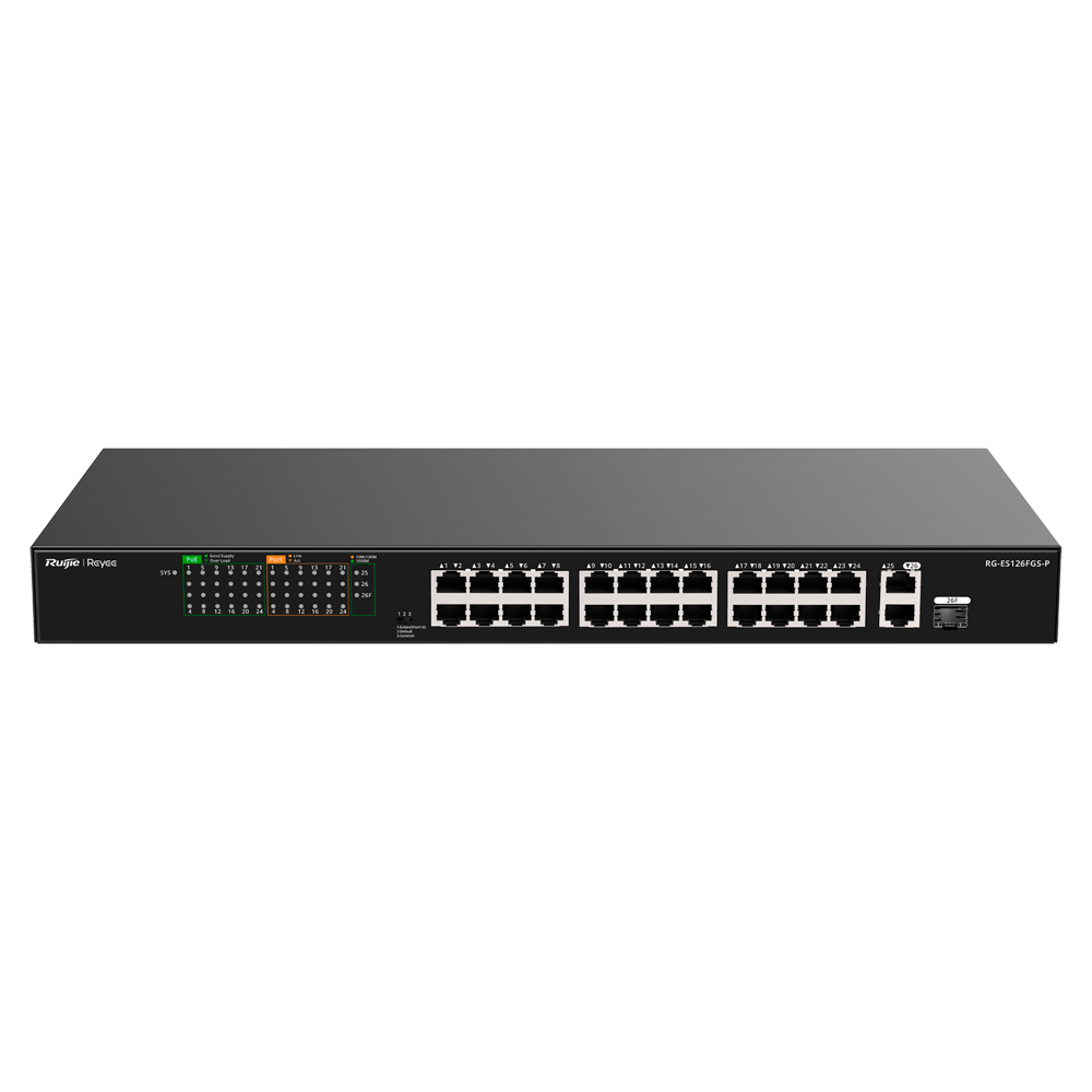Reyee PoE Desktop Switch - 24 RJ45 Porte + 1 Uplink RJ45 + 1 SFP Combo - 24 Porte 10/100Mbps + 2 Porte 10/100/1000Mbps - 24 PoE+ Porte 802.3af/at | Total Effekt 370W - Port Isolation / Flow Control / PoE Watchdog - Plug and Play
