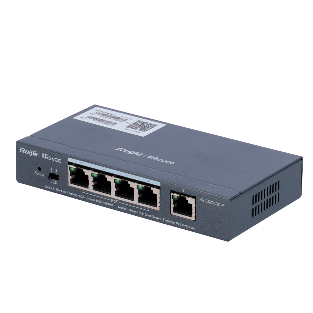 Reyee Håndterbar Cloud PoE Switch - 4 802.3af/at PoE port(s) + 1 Uplink port(s) - 4 RJ45 10/100/1000Mbps + 1 RJ45 10/100/1000Mbps - 30W pr. port 802.3af/at / Maksimum 54W - VLAN/Port Isolation/Loop Detection - Port Speed Limit