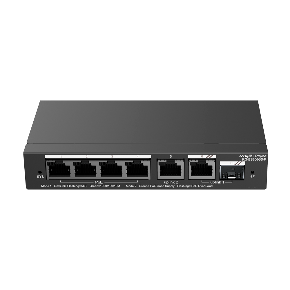 Reyee PoE Cloud Switch - 4 PoE Porte + 2 RJ45 Porte + 1 SFP Combo Port - Port hastighed 10/100/1000 Mbps - 30W pr. port 802.3af/at / Maksimum 54W - VLAN/Port Isolation/Loop Detection - Port Speed Limit