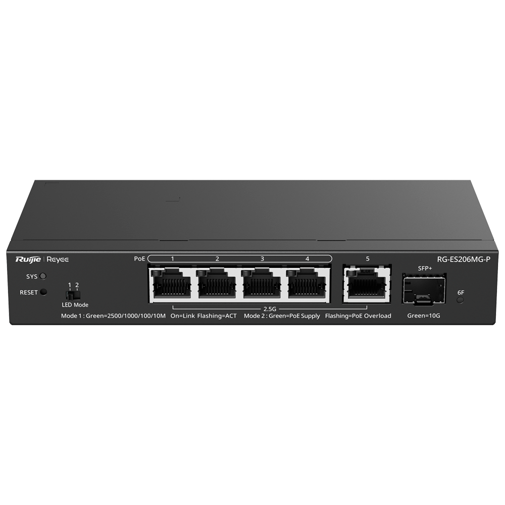Reyee Switch PoE Cloud Layer 2 - 5 MultiGigabit PoE porte og 10Gbps SFP+ porte - PoE 802.3af/at op til 30W / Maksimum 70W - Static LAG/DHCP Snoop/Port Mirror - VLAN/Port Isolation/PoE Watchdog - Racking