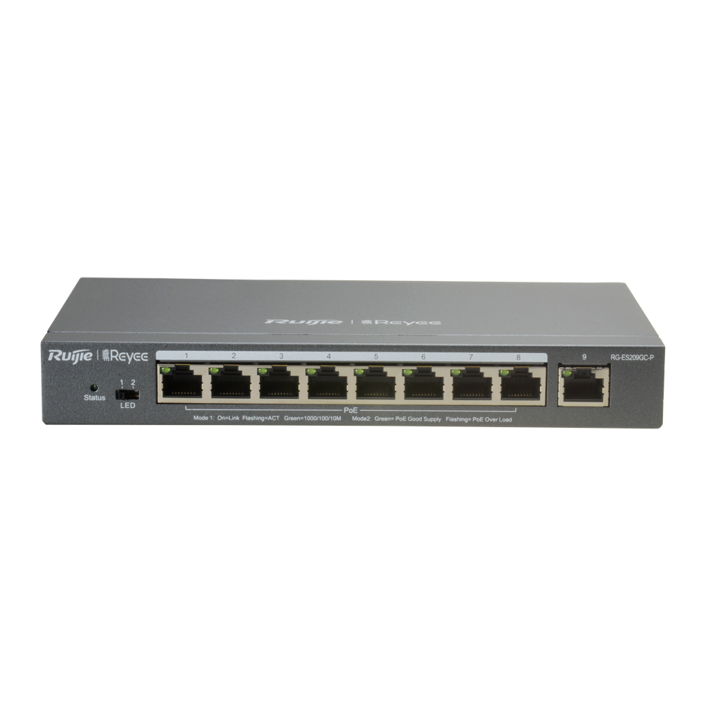 Reyee Håndterbar Cloud PoE Switch - 8 802.3af/at PoE port(s) + 1 Uplink port(s) - 8 RJ45 10/100/1000Mbps + 1 RJ45 10/100/1000Mbps - 30W pr. port 802.3af/at / Maksimum 120W - VLAN/Port Isolation/Loop Detection - Port Speed Limit