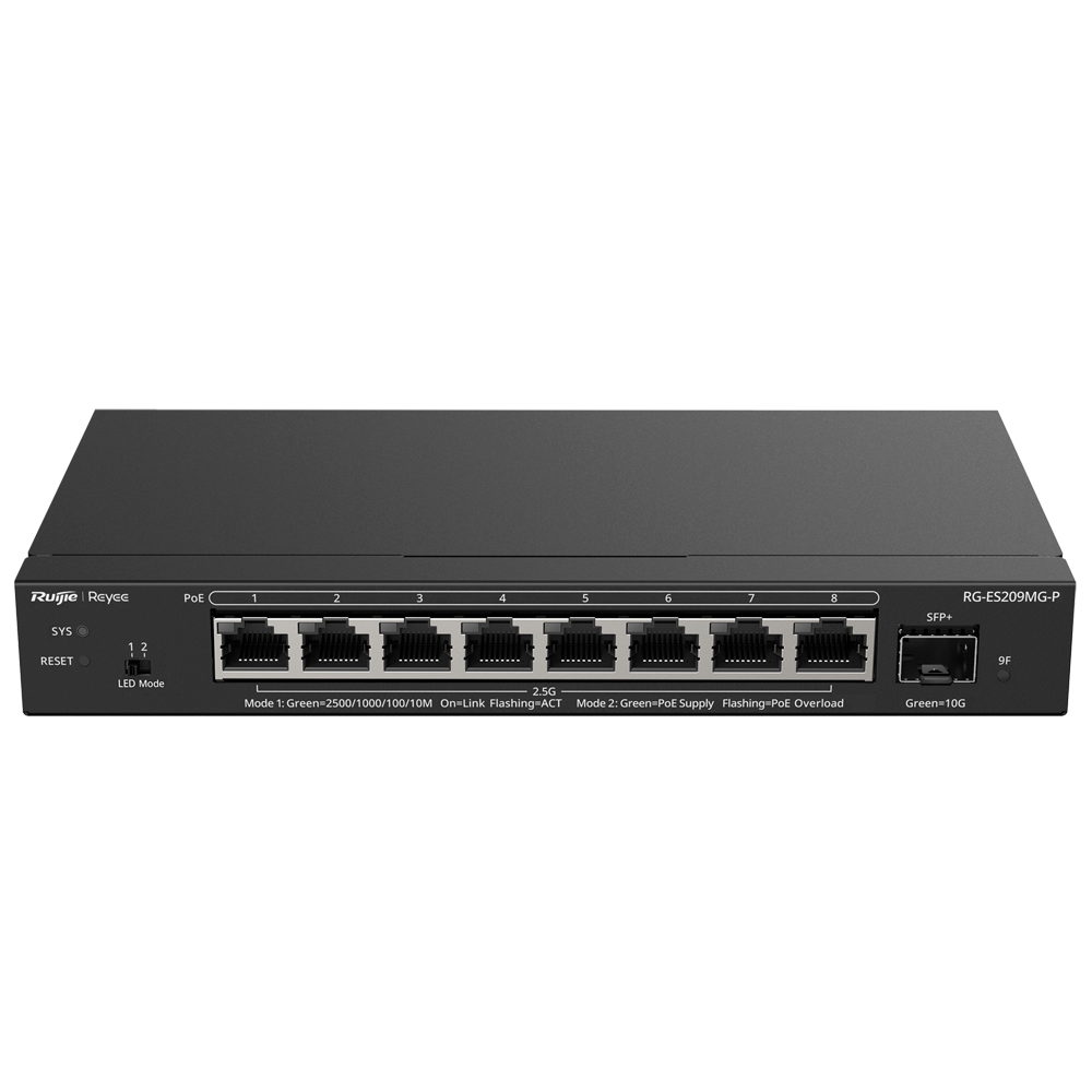 Reyee Switch PoE Cloud Layer 2 - 8 x MultiGigabit PoE porte og 1 x 10Gbps SFP+ port - PoE 802.3af/at til 30W / Maksimum 130W - Static LAG/DHCP Snoop/Port Mirror - VLAN/Port Isolation/PoE Watchdog - Racking