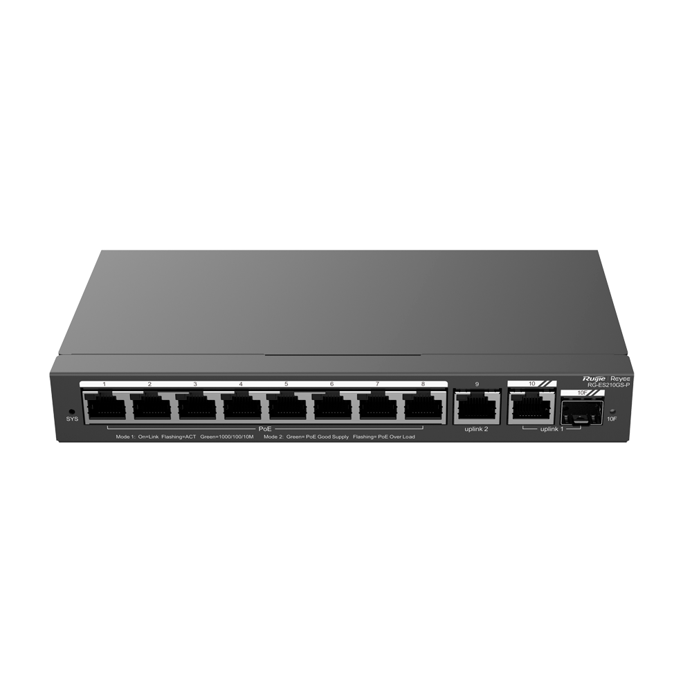 Reyee Administrerbar Cloud PoE Switch - 8 PoE porte + 2 Uplink RJ45 + 1 SFP Combo - Porthastighed 10/100/1000 Mbps - 30W per port 802.3af/at / Maksimum 120W - VLAN/Port Isolation/Loop Detection - Port Speed Limit