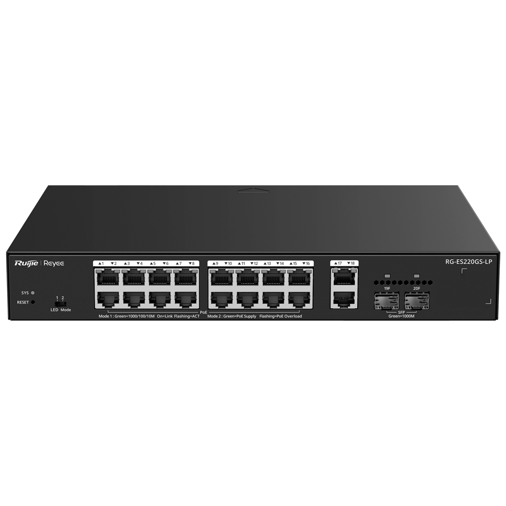 Reyee Administrerbar Cloud PoE Switch - 16 PoE 802.3af/at + 2 SFP + 2 uplink RJ45 - 18 RJ45 10/100/1000Mbps + 2 10/100/1000 SFP - 30W per port 802.3af/at / Maksimum 130W - VLAN/Port Isolation/Loop Detection - Port Speed Limit