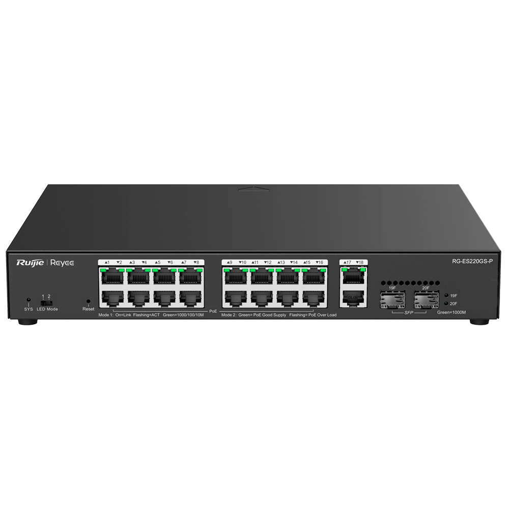 Reyee Administrerbar Cloud PoE Switch - 16 PoE 802.3af/at + 2 SFP + 2 uplink RJ45 - 18 RJ45 10/100/1000Mbps + 2 10/100/1000 SFP - 30W per port 802.3af/at / Maksimum 250W - VLAN/Port Isolation/Loop Detection - Port Speed Limit