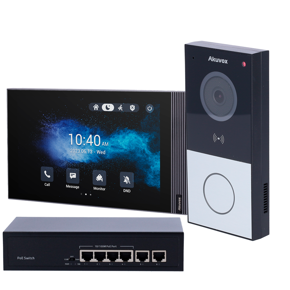 Linux overflade video dørtelefon kit - IP & WiFi | Panel og monitor - Krystalklart tovejs-audio - MF, NFC og BLE læser | Standard PoE - 1 relæudgang - Forbindelse via Cloud