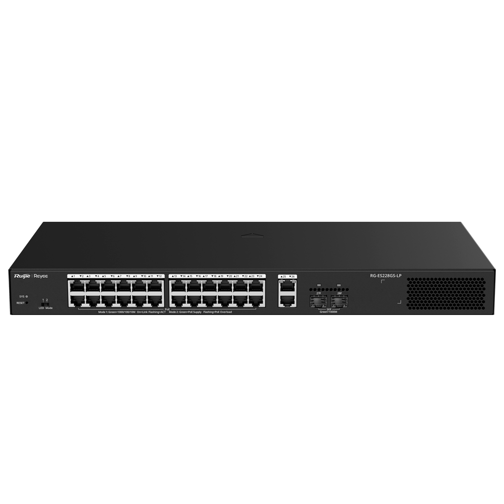Reyee Administrerbar Cloud PoE Switch - 24 PoE 802.3af/at + 2 SFP + 2 uplink RJ45 - 26 RJ45 10/100/1000Mbps + 2 10/100/1000 SFP - 30W per port 802.3af/at / Maksimum 250W - VLAN/Port Isolation/Loop Detection - Port Speed Limit