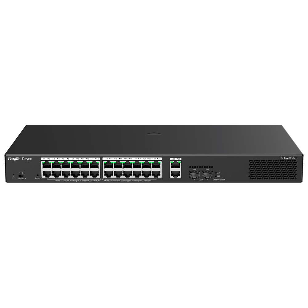 Reyee Administrerbar Cloud PoE Switch - 24 PoE 802.3af/at + 2 SFP + 2 uplink RJ45 - 26 RJ45 10/100/1000Mbps + 2 10/100/1000 SFP - 30W per port 802.3af/at / Maksimum 370W - VLAN/Port Isolation/Loop Detection - Port Speed Limit