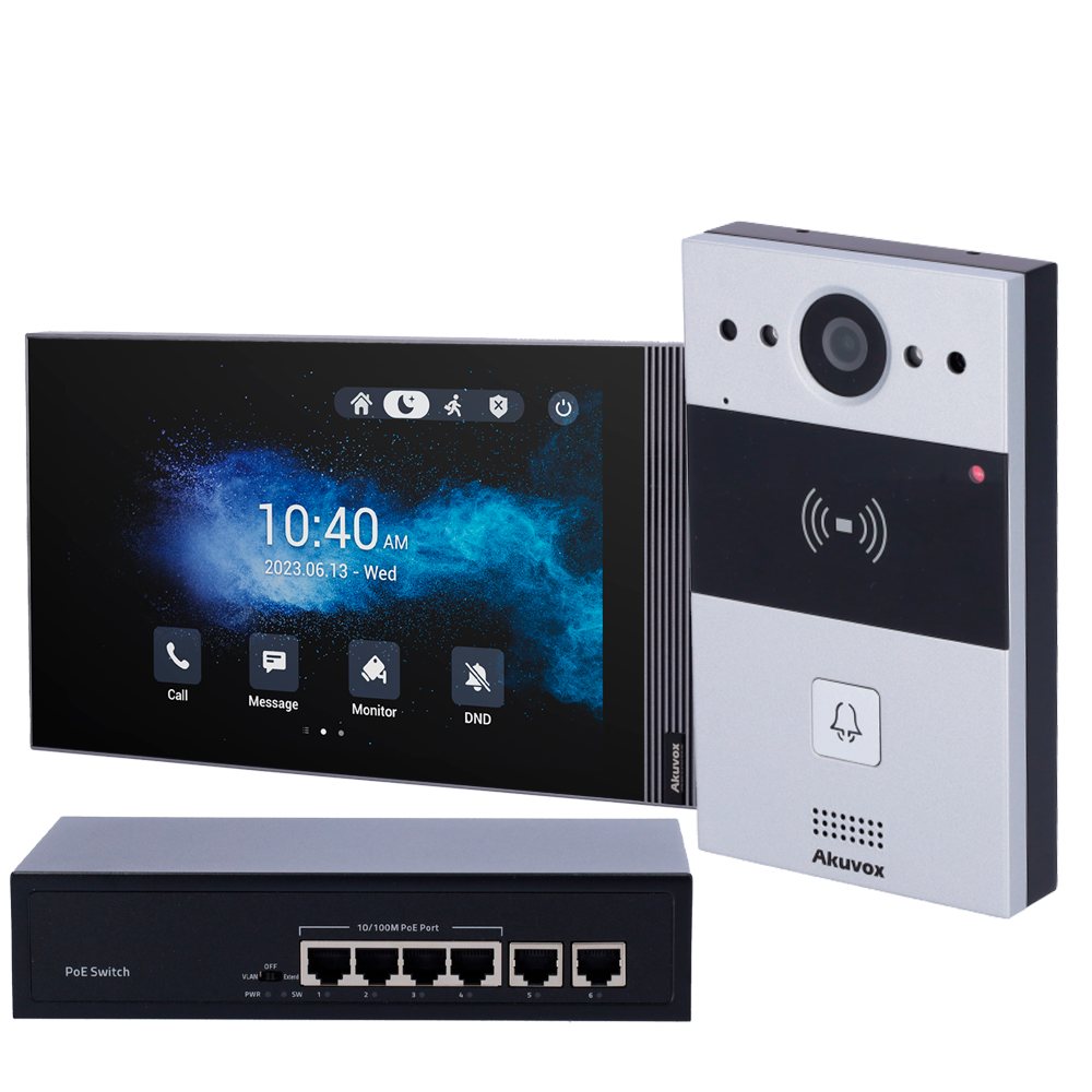 Linux påbygnings video dørtelefon kit - IP | Panel og monitor - Krystalklart tovejs lyd - EM/MF og NFC læser | Standard PoE - 2 relæudgange : Hærværkssikret - Tilslutning via Cloud