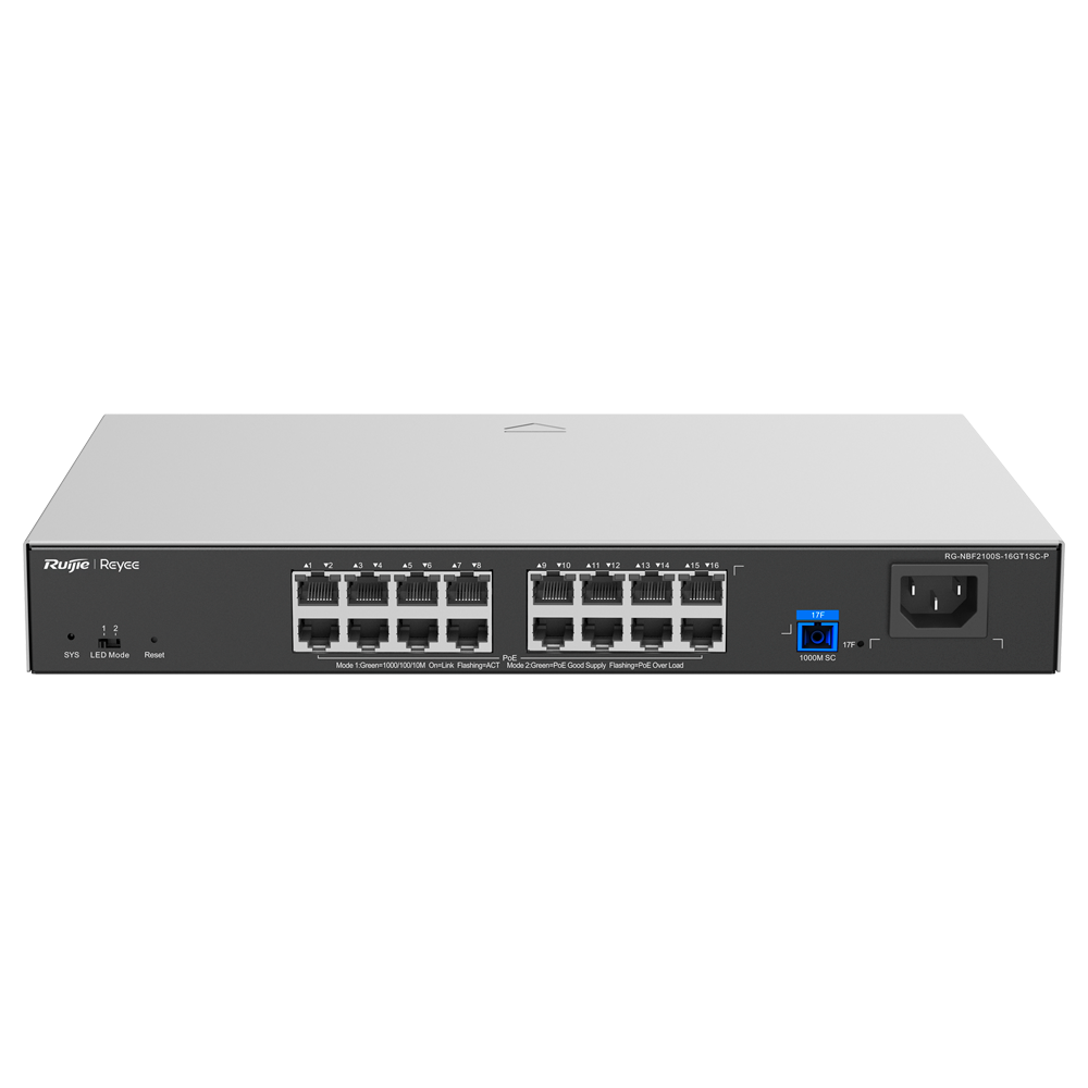 Reyee E-Lighten Switch PoE Cloud Layer 2 - 16 Gigabit RJ45 porte 802.3af/at - 1 Optisk Port SC 1G (PON) - 30W per port 802.3af/at / Maksimum 240W - VLAN/Port Isolation/Loop Prevention - DHCP Snooping/Port Mirroring